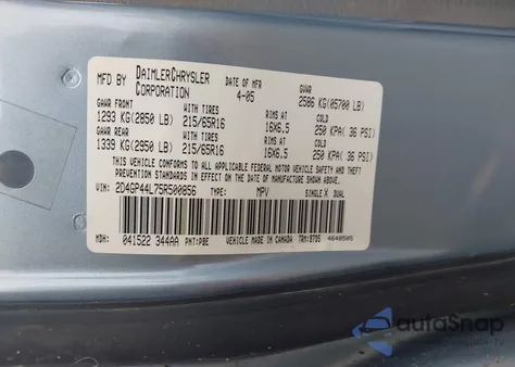 2005 Dodge Grand Caravan Sxt z USA, uszkodzony, nr VIN 2D4GP44L75R500856